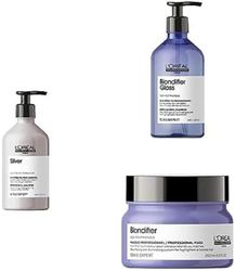 L’Oréal Professionnel, Routine Silver Blondifier pour Cheveux Gris à Blancs, Abîmés par les Décolorations, Shampoing Déjaunissant 500ml + Shampoing Illuminateur 500ml+ Masque Nutritif & Illuminateur