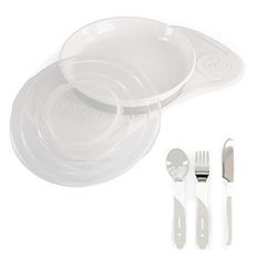 Twistshake Barnservis Set Mini + Bestick | Click-Mat Mini (31x17cm) + Barntallrik + Barnbestick 12m+ | BPA-fri Tallrik, Bordsunderlägg och Barnbestick | Träningstallrik | Vit