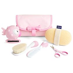 Chicco My First Beauty Set 5in1, Babyvård, Badprodukter, med kam, Borste, Nageltorkare, Badtermometer och Svamp, 0 Månadstillbehör, Rosa