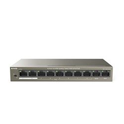 Tenda TEF1110P-8-63W PoE Switch Ethernet, 10-Puertos 10/100 Mbps, QoS, One-Key VLAN, 8 Puertos PoE, 2 Puertos (Uplink&NVR), 63W, No Se Requiere Configuración, Caja de Metal