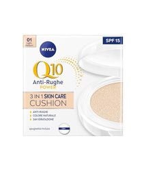 NIVEA Q10 Plus Anti-Age 3in1 Skin Care Cushion 15ml, Crema colorata viso idratante e anti-età, Crema Viso antirughe e BB cream FP15, Fondotinta cushion arricchito con Coenzima Q10, 01 Light-Medium