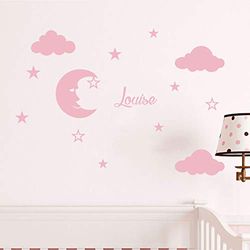 Adhesivos personalizados Luna y Nubes - Decoración de la pared de la habitación de los niños | 2 tableros de 25 x 30 cm y 40 x 30 cm - Rosa