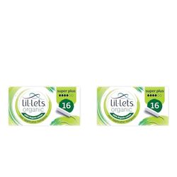 Lil-Lets Organic Non-Applicator Super Plus Tampons, 16 Count (Pack of 2), for Heavy Flow, Made with 100% Organic Cotton, GOTS Certified Vegan Organic Tampons, Plastic Free Period Care