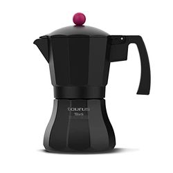 Taurus Black Moments 6 - Cafetière italienne, 6 tasses, base et filtre en acier inoxydable, soupape de sécurité, fermeture de sécurité, tous les incendies, couvercle transparent, noir