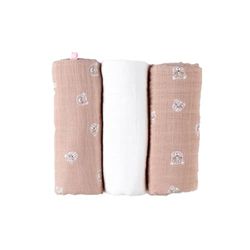 Noukie's - Set of 3 Mix&Match muslin swaddles - Organic muslin - Ecru/Pink - Feline motifs