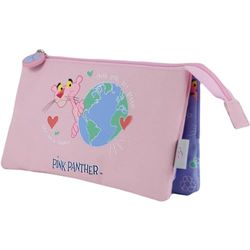 DOHE Pink Panther etui met 3 vakken, ritssluiting, officieel gelicentieerd product, robuust polyester, 23 x 12 x 2,5 cm, schoolbenodigdheden, Roze, Etui voor school, 3 vakken