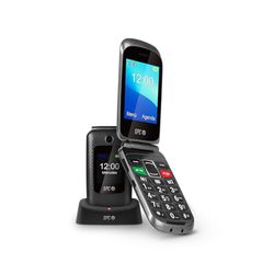 SPC Magnus klapmobiele telefoon voor ouderen met grote toetsen, afstandsbediening configuratie, compatibel met hoofdtelefoon, hoog volume, dubbel display, SOS-knop, laadstation, zonder oplader, zwart