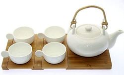 DonRegaloWeb - Set di teiera con 4 Tazze in Ceramica con Piatti, Bianco, Vassoio 35 cm x 19 cm