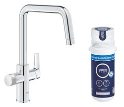 GROHE Blue Pure Start - Starter Kit for Filtered Water (Kitchen Sink Tap, High U-Shape, 150° Swivel Spout, Under-Sink Activated Carbon Filter Set, Tail 3/8 Inch), Size 366 mm, Chrome, 30596000