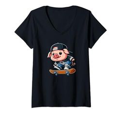 Mujer Patinador divertido con forma de mascota Mini Pig en monopatín Camiseta Cuello V