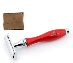 Jag Shaving - Rasoio a doppio taglio con manico in ottone e alluminio in colore rosso e rivestimento in pelle