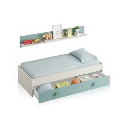 LOUNGITUDE Habitdesign Lit gigogne pour Jeunes, 2 Lits + étagère, Couleur : Blanc Alpes et Vert Acqua, Mesures : 200 cm (L) x 98 cm (l) x 43 cm (H) 0J7447Y