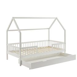 BAÏTA Lit cabane avec barrières Tiny pin Massif Blanc 90x190cm sommier Inclus+tiroir