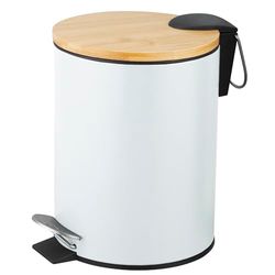 Amig - Poubelle de salle de bain à pédale 5 litres Mod. Naturline - Couleur blanche et bambou - Ouverture hygiénique sans contact - Ø20 x 26 cm - Acier inoxydable laqué