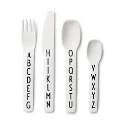 Design Letters tritan Cutlery for Baby and Kids, 4 pcs. (White) - BPA-Free, BPS-Free and EA-Free, with A-Z Alphabet Print, Drop-Safe, Dishwasher Safe