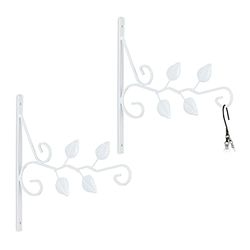 Relaxdays Blomampelhållare med bladmotiv, set om 2, väggmontering, HxBxD: 30 x 29,5 x 2 cm, blomkrok, järn, vit