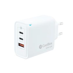 CoolBox Cargador 2 x USB C + USB A 65W con Tecnología GAN, QuickCharge 3.0 + PowerDelivery, Compatible con iPhone/iPad/Galaxy/Xiaomi. Formato Ultra Compacto, Color Blanco