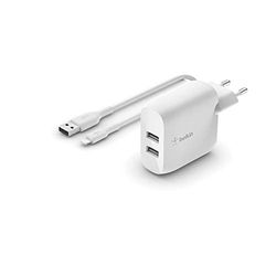 Belkin Chargeur secteur 2 ports USB-A Boost Charge 24 W avec câble USB-A vers Lightning (iPhone 12, 12 Pro, 12 Pro Max, 12 mini, SE, 11, 11 Pro, 11 Pro Max, XS, XS Max, XR, X, 8, iPad, AirPods, etc.)