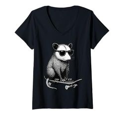 Donna Skateboarder Opossum con Occhiali da Sole Animal Skater Graphic Maglietta con Collo a V