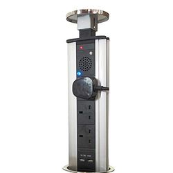 Pop-Up 3 Gang Mains Power Extension Tower | STAINLESS STEEL | 3W BLUETOOTH AUDIO SPEAKER & 3 Plug Sockets & 2x USB Charging Ports | Hidden Pull-Up Retractable Socket | Kitchen Worktop & Office Desk