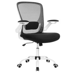 SONGMICS Chaise Bureau Ergonomique, Tissu en Maille, Support Lombaire, Mécanisme à Bascule, Assise Large de 53 cm, Accoudoirs Rabattables, pour Bureau, Chambre, Noir et Blanc OBN37WT