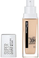 Maybelline New York vattentät make-up, foundation med hög täckförmåga, långvarig ansiktsmink, Super Stay Active Wear, färg: Nr 3 True Ivory (ljus), 1 x 30 ml