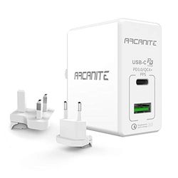 ARCANITE Premium USB-laddare, USB C PD 3.0/QC4 PPS (30W) och USB A QC 3.0 (18 W), för USA/Storbritannien/EU