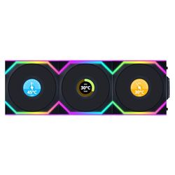 Lian Li UNI FAN SL-INF - Paquete de 3 ventiladores de refrigeración inalámbricos RGB PWM de 120 mm con pantalla LCD, color negro, rendimiento y estética sin costuras, tecnología PWM silenciosa