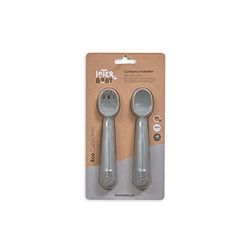 Couverts bébé : cuillère et fourchette en silicone gris