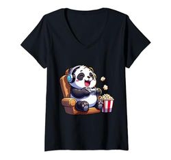 Mujer Panda Gaming Videojuegos Controlador de auriculares Gamer Camiseta Cuello V