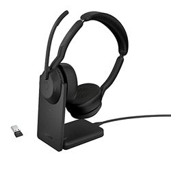 Jabra Evolve2 55 Auriculares Estéreo Inalámbricos con Base de Carga, Tecnología Jabra Air Comfort, Micrófonos con Cancelación de Ruido y ANC, para Plataformas UC como Zoom y Google Meet, Negro