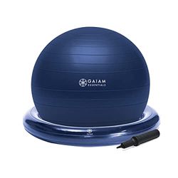 Gaiam Essentials Kit de balón de equilibrio y base, silla de bola de yoga de 65 cm, bola de ejercicio con base de anillo inflable para el hogar u oficina, incluye bomba de aire, azul marino