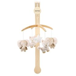 Nattou Mobile med speldosa av trä och polyester, räv och elefant, mild vägningssång "La-Le-Lu", ca 50 cm, Flo, Oli & Ernest, Flo Beige