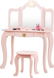 FANTASK Coiffeuse en Bois pour Enfant Fille avec Tabouret Rose - Table pour Enfant avec tiroir et Miroir Amovible