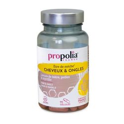 PROPOLIA - Cheveux & Ongles - Fortification & Pousse - Complément alimentaire - Pollen, Levure de bière, Myrtille - Vitamines B5/B6/B8 & Zinc - Fabriqué en France - 90 gélules - Cure 1 mois