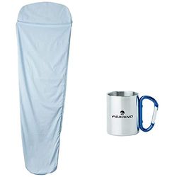 Ferrino Sacco Lenzuolo Azzurro Mummy, 220x80x50 cm, Tasca porta cuscino, Cerniera laterale, Realizzato in cotone non trattato, Ottimo per adulti (Unisex)