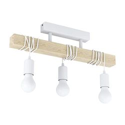 Eglo Candeeiro de teto Townshend, candeeiro de teto vintage de 3 focos em design industrial, candeeiro suspenso retro de aço e madeira, cor branca, castanho, suporte de lâmpada E27