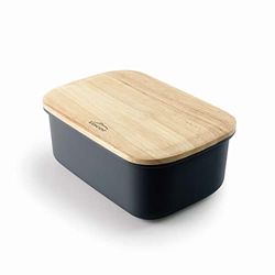 Lacor - 62899 - Butter Dish, Polypropylene Butter Container with Rubber Wood Lid, Ribbed Surface, Measurements 16.5 x 11.5 x 6 cm, Graphite