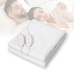 Todeco Dubbele elektrische verwarmde matrastopper, 160 x 140 cm, 120 W, dubbele XXL matrasbeschermer voor 2 personen, 2 bedieningselementen, met 3 temperatuurniveaus, wasbaar