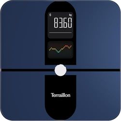 TERRAILLON – COLOR CONNECT – Báscula conectada Bluetooth, frecuencia cardíaca, masas: grasosa-muscular-hídrico-ósea, IMC, capacidad 180 kg, graduación 50 g, pantalla multipantalla color, azul