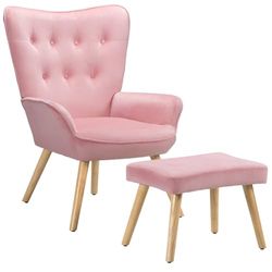 BAKAJI Fauteuil met kruk, stoel met poef, voetensteun voor woonkamer, gevoerde slaapkamerstoel met zachte fluwelen bekleding, hoge armleuningen, modern design (roze)