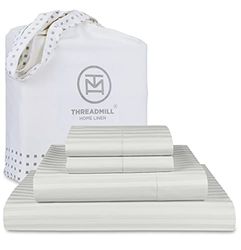 Threadmill hem linne sängkläder kollektion 600 trådtäthet 100% ELS bomull damast randigt lakanset, fållsömmar, 4-delat set, lakan, slät satinväv, full, silver