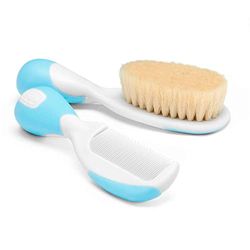 Chicco Conjunto de escova e pente para bebé, escova com cerdas macias naturais, pontas redondas, cabo antiderrapante, presente para bebé, essencial no precisa do bebé, cor azul