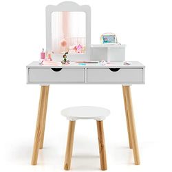 COSTWAY Coiffeuse 2 en 1 pour Enfants - Bureau et Tabouret avec Miroir Amovible, 2 tiroirs, Peigne, Commode en Bois pour Filles âgées de 3 à 7 Ans
