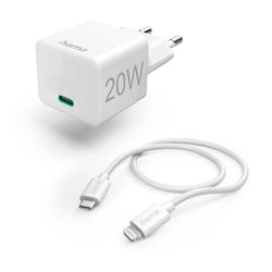 Hama Snabbladdare, med Lightning-laddningskabel (set och laddningsadapter 20 watt, för Apple iPhone iPad AirPods, smartphone etc., med PD 3.0, USB C-laddare, snabb, MFI-certifierad, liten) vit