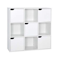Meerveil Boekenkast wit, 9 kubussen opbergunit, 3-laags boekenplank met 5 deuren, houten plank, organizer, vitrinekast voor woonkamer, slaapkamer, thuiskantoor, 90 x 30 x 90 cm