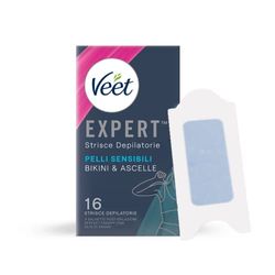 Veet Expert Strisce Depilatorie Ascelle e Zona Bikini, Ceretta per Pelli Sensibili con Olio di Mandorla, Dermatologicamente Testate, 16 Strisce (8x2 Strisce) + 3 Salviette Post-Epilazione