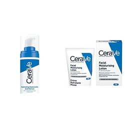CeraVe Hydrating Hyaluronic Acid Serum 30ml For All Skin Types with Hyaluronic Acid and 3 Essential Ceramides & PM Daily Facial Moisturiser Lotion for Normal to Dry Skin 52ml