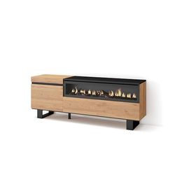 Skraut Home | TV-Meubel, Lowboard | Woonkamer, Eetkamer | 150x57x35cm | Voor tv's tot 65" | Elektrische haard | Industrieel design | Moderne stijl | Eiken/Zwart