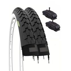 2 banden 26 x 1 1/2 (40-584) + binnenbanden met Schrader-ventiel, banden wit en zwart, van rubber voor vintage Hollandse fietsen